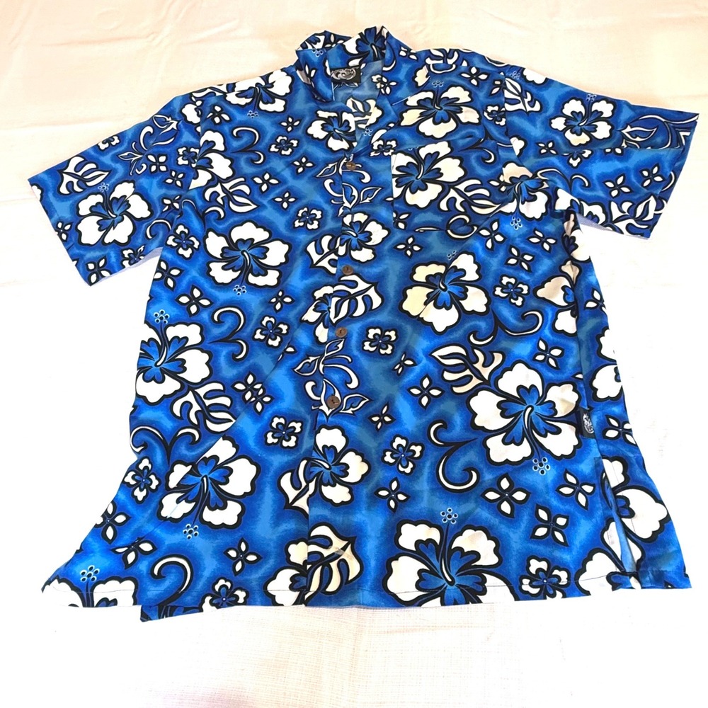 Uluwatu Mens Blue Hibiscus Floral Tropical Short Sleeve Button Down Shirt Large